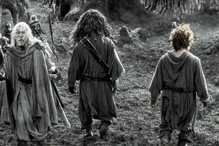 Prompt: movie still from the lord of the rings directed by ridley scott in the style of h. r. giger, two hobbits frodo and samwise walking away from the shire, dark, cinematic