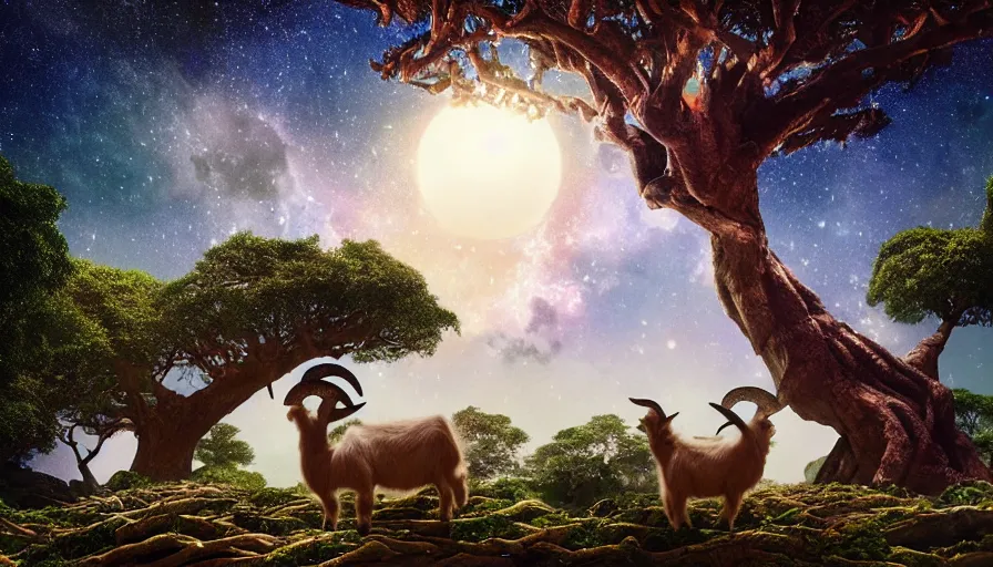 Image similar to very very small goat, sitting on a gigantic banyan tree in moonlit socotra island by ilya kuvshinov, starry night, rtx rendering, octane render 1 2 8 k, maya, extreme high intricate details by tom bagshaw, medium shot, close up shot, composition by sana takeda, lighting by greg rutkowski, stranger things