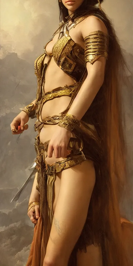 Image similar to the portrait of madison beer as amazon in intricate dress by roberto ferri, fantasy, witcher, very detailed oil painting, masterpiece, 8 k