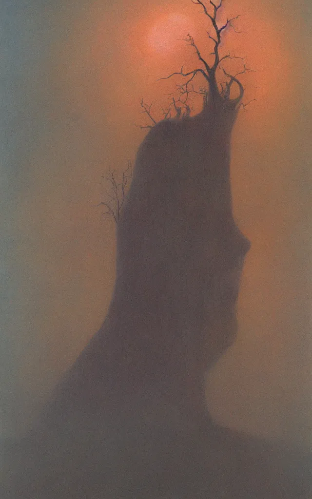 Prompt: iridescent spirit of wrath and fear cruel beautiful spirit with golden eyes lunar mythos ambient fog, award winning oil painting by Zdzisław Beksiński, lunar color palette