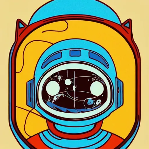 Image similar to symmetrical reflections, cat in space helmet by Eli Mendelson and Jenn Martin james gurney artstation trending artist in the style of studio Ghibli and 1960s americana Comics, HQ 8k scan