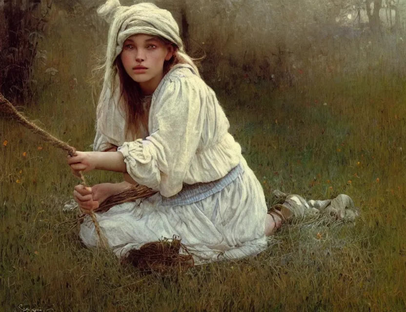 Image similar to peasant girl with long hair yarn knitting, cottage core, cinematic focus, polaroid photo bleached vintage pastel colors high - key lighting, soft lights, foggy, by steve hanks, by lisa yuskavage, by serov valentin, by tarkovsky, 8 k render, detailed, oil on canvas