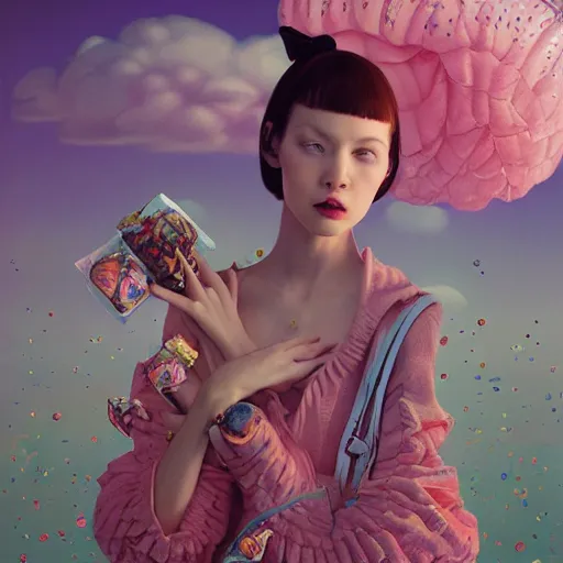 Image similar to pretty model with clouds and candy : : by martine johanna and simon stalenhag and chie yoshii and casey weldon and wlop : : ornate, dynamic, particulate, rich colors, intricate, elegant, highly detailed, vogue, harper's bazaar art, fashion magazine, smooth, sharp focus, 8 k, octane render