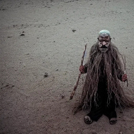 Image similar to full body shot of hanging old asian man with long beard, his head covered in roots, full face occult silver mask, bright multiple glowing eyes, holding a large carved wooden dark fractal stick, hanging upside down, thick smoke around him, in the burning soil desert, cinematic shot, wide angle, dark desert background, volumetric lighting by Denis Villeneuve, Lubezki, Gaspar Noe, Christopher Doyle and Alejandro Jodorowsky, anamorphic lens, anamorphic lens flares, kodakchrome, cinematic composition, practical effects, award winning photo, 8k