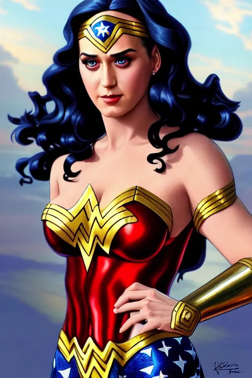 Image similar to katy perry as wonder woman, realistic portrait, symmetrical, highly detailed, digital painting, artstation, concept art, smooth, sharp focus, illustration, cinematic lighting, art by artgerm and greg rutkowski and alphonse mucha