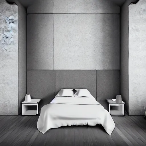 Image similar to symmetry, parallax mapping of brutalist bedroom, minimalist architecture, minimalist furniture, octane render, high quality