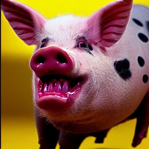 Prompt: attack of the vampire pig, pig with oversized canine teeth, photo of a red eyed pig jumping bare - toothed at the viewer