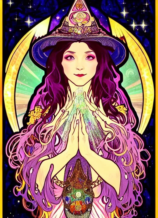 Prompt: fantastic portrait of a beautiftul witch pray with some shinny star, cloak, royally decorated crystal gemstones, symmetrical face, art nouveau, portrait, cute, yoneyama, alphonse mucha, detailed background, artstation, intricate, elegant, highly detailed, colorful, maximalist