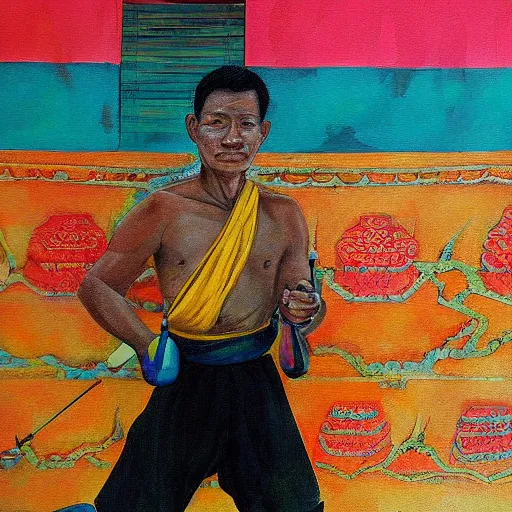 Prompt: Colorful painting of a Kun Khmer fighter in Phnom Penh