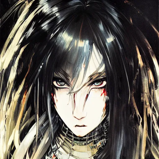 Image similar to Blurred oil portrait with broad brush strokes of an anime girl with a long white hair, black eyes and cracks on her face wearing Elden Ring armour with engraving in the style of Yoji Shinkawa, abstract patterns on the background, expressive brush strokes, hairs fluttering on the wing, noisy film grain effect, highly detailed, Renaissance oil painting, weird portrait angle, blurred lost edges, three quarter view