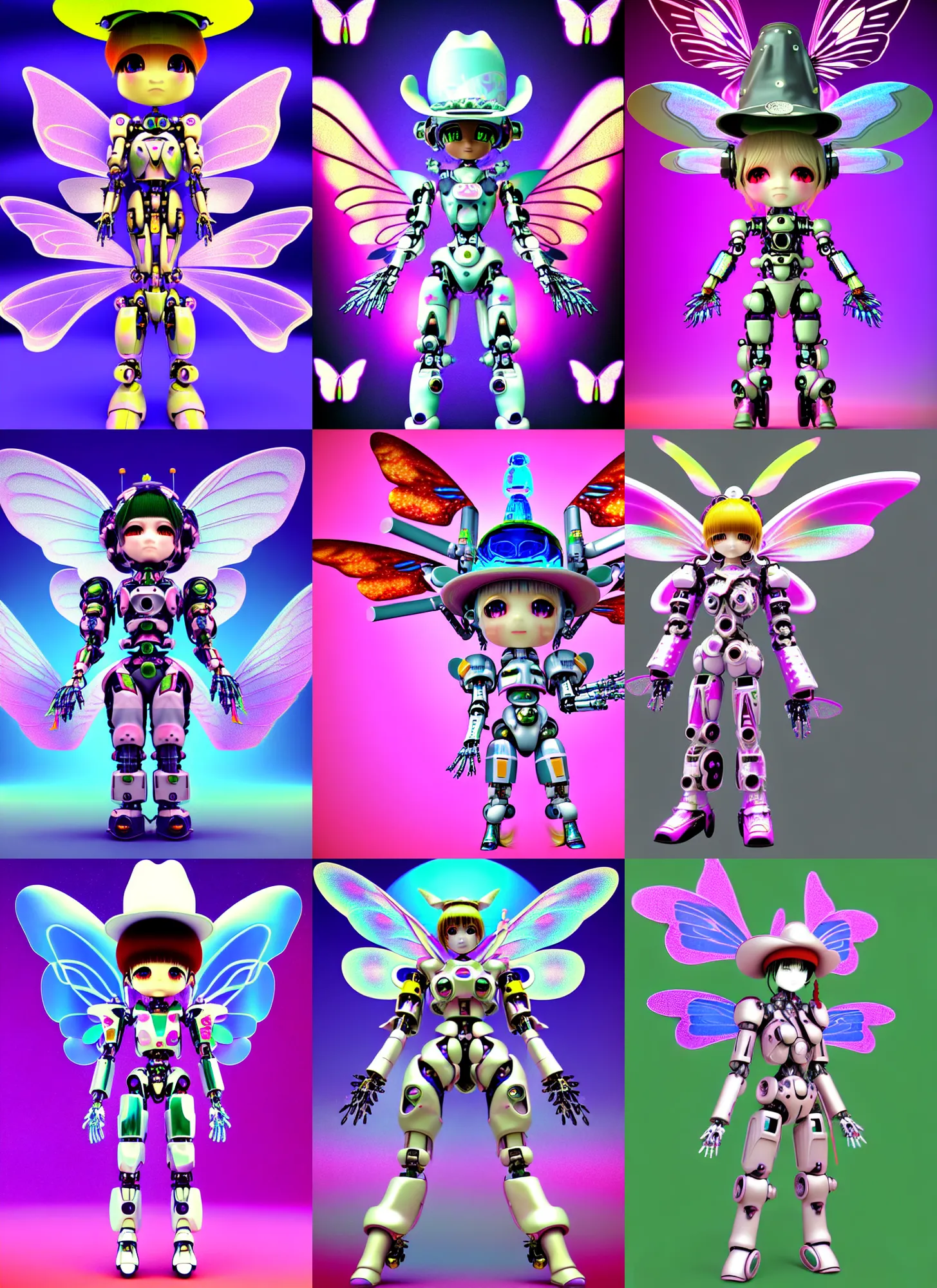 Prompt: 3d render of chibi cyborg mecha fairy by Ichiro Tanida wearing a big cowboy hat and wearing angel wings against a psychedelic swirly background with 3d butterflies and 3d flowers n the style of 1990's CG graphics 3d rendered y2K aesthetic by Ichiro Tanida, 3DO magazine