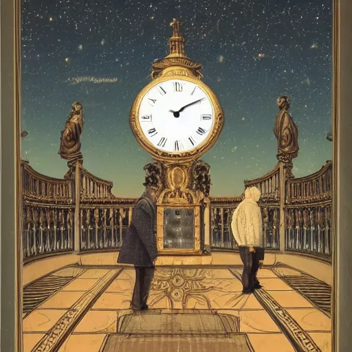 Image similar to a man looking at a giant, detailed, ornamented clock floating in the distance with the cosmos and stars visible in the background, album artwork style.