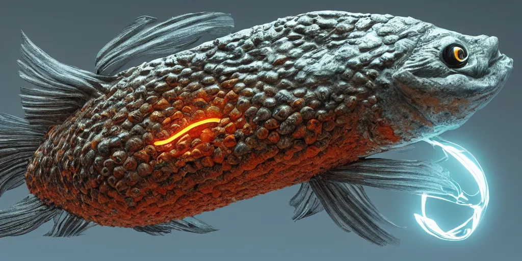 Image similar to goldfish, stylized layered textures, long flowing fins, bioluminescent orbs, 3 d render, substance painter, glowing eye, smooth, sharp focus, art by h r giger