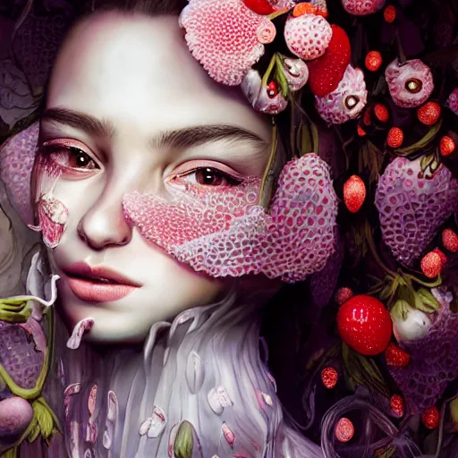 Image similar to the portrait of an absurdly beautiful, graceful, elegant, sophisticated, fashionable young woman made of strawberries and white petals with tears, an ultrafine hyperdetailed illustration by kim jung gi, irakli nadar, intricate linework, bright colors, octopath traveler, final fantasy, unreal engine 5 highly rendered, global illumination, radiant light, detailed and intricate environment