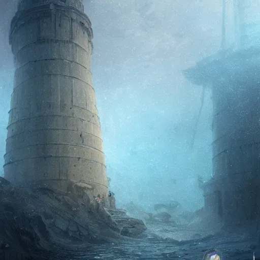 Prompt: the tower of hercules at the bottom of the sea, under water, greg rutkowski, 8 k, shallow depth of field, intricate detail, concept art,