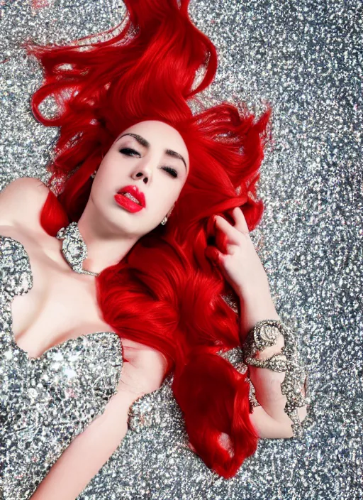 Image similar to ava max bright red hair lying on the floor surrounded by diamonds, canon, highly realistic. high resolution. highly detailed. dramatic. 8 k. 4 k.