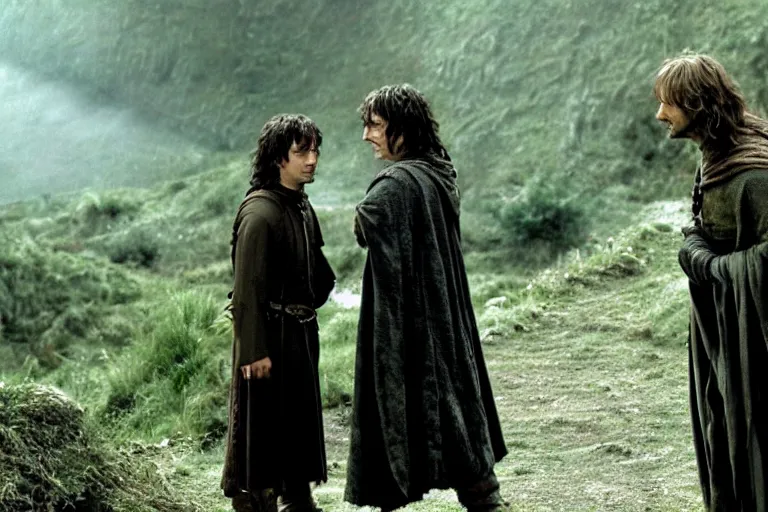 Image similar to Film still of Alan Rickman as Aragorn and Daniel Radcliffe as Frodo in the movie Lord of the Rings