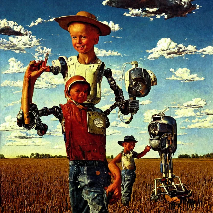 Image similar to portrait painting of a farmboy robot made of shiny reflective chrome in front of rolling cornfields and beautiful clouds at dusk, painted by norman rockwell. pulp sci - fi art for omni magazine. high contrast. dark background. baroque period, oil on canvas. renaissance masterpiece. trending on artstation. retrofuturism.