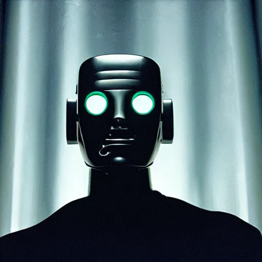 Image similar to movie scene of a man with a robot head, menacing, movie still, cinematic composition, cinematic light, criterion collection, reimagined by industrial light and magic, Movie by David Lynch and Ridley Scott