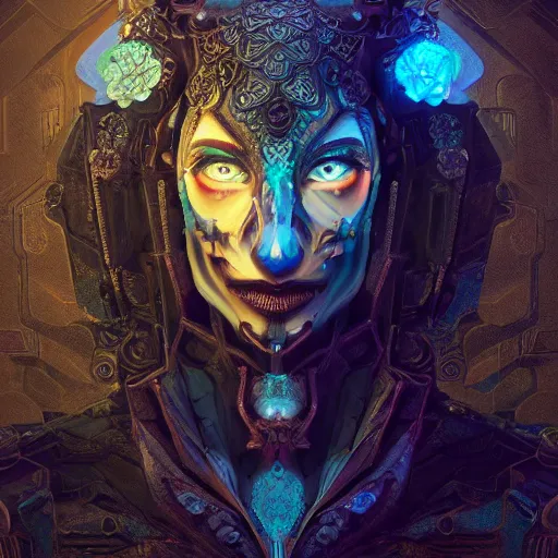 Image similar to menacing symmetrical face portrait cloaked grimm reaper neon axonometric mechanical fantasy intricate elegant highly detailed in volumetric void of latent space lush flowers intricate jewellery, realm of the gods golden turquoise steampunk, axonometric high contrast cinematic light, mystical shadows, digital painting, sharp focus, octane render, photographic, concept art, artist leonardo davinci, unreal engine 8 k