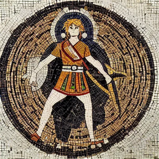 Image similar to ancient greek mosaic of link from zelda with raised sword