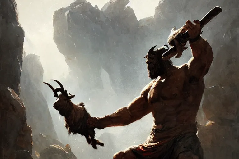 Image similar to hill giant wielding a goat as a weapon, horrifying brute by greg rutkowski, detailed painting