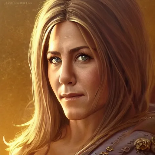 Prompt: jennifer aniston, deep focus, d & d, fantasy, intricate, elegant, highly detailed, digital painting, artstation, concept art, matte, sharp focus, illustration, hearthstone, art by artgerm and greg rutkowski and alphonse mucha