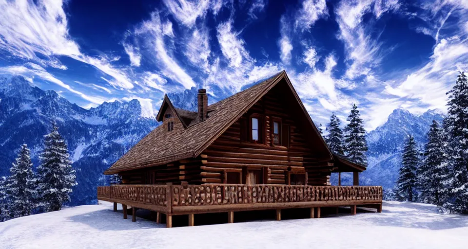 Image similar to log cabin beneath the alps, vaporwave, 4 k