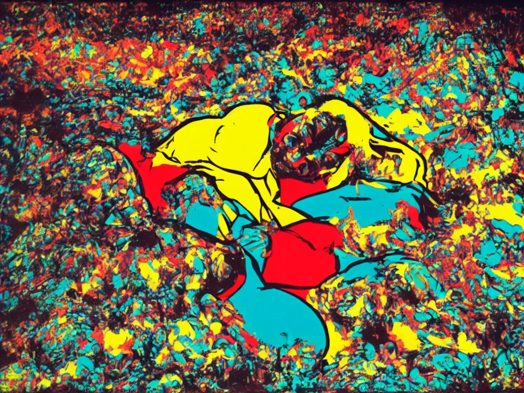 Image similar to pop art portrait of a giant emerging from its slumber deep in a cave of silicon out into an amazing world, 55mm film