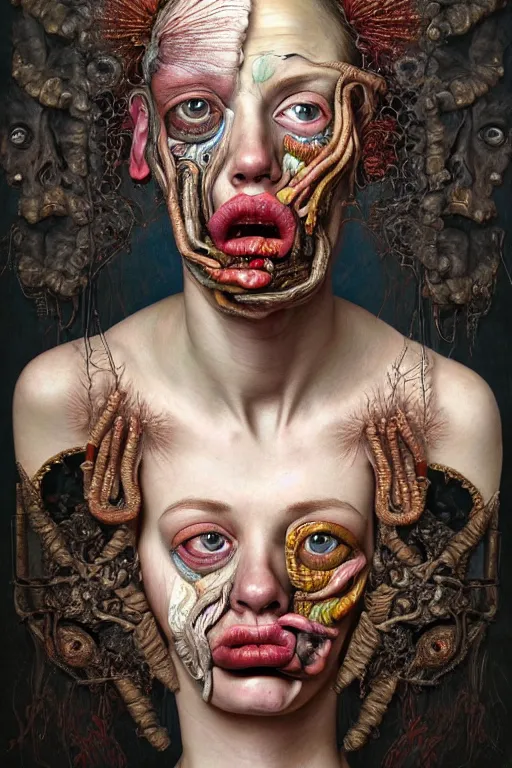 Prompt: Detailed maximalist portrait with large lips and eyes, scared expression, with extra flesh, HD mixed media, 3D collage, highly detailed and intricate, surreal illustration in the style of Jenny Saville, dark art, baroque, centred in image