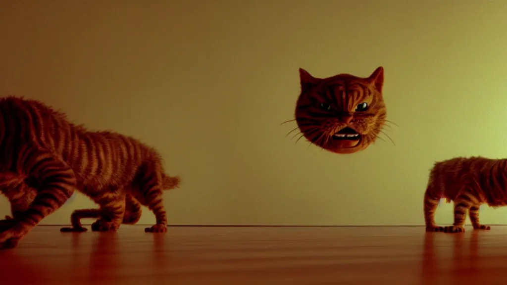 Image similar to a strange Garfield crawls on the living room ceiling, film still from the movie directed by Wes Anderson with art direction by Zdzisław Beksiński, wide lens