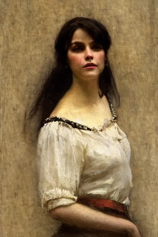 Image similar to Solomon Joseph Solomon and Richard Schmid and Jeremy Lipking victorian genre painting full length portrait painting of a young beautiful woman victorian german bar maid