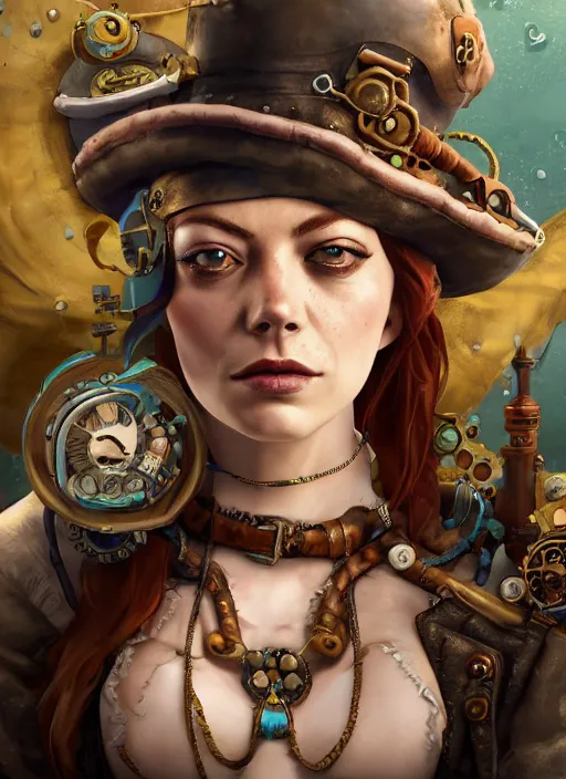 Image similar to underwater steampunk pirate portrait of emma stone, hyper detailed, digital art, trending in artstation, cinematic lighting, studio quality, smooth render, unreal engine 5 rendered, octane rendered, art style by klimt and nixeu and ian sprigger and wlop and krenz cushart.