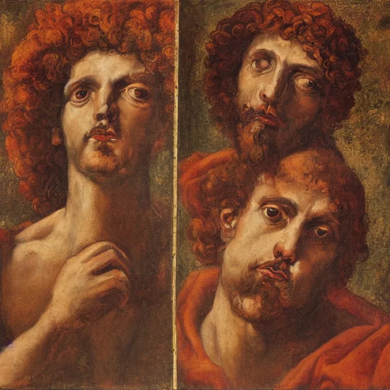 Prompt: portrait, headshot, of Dionysus, the Greek god of wine, heartbroken by 20th-century artist Francis Bacon triptych , high detail