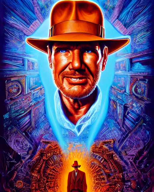 Prompt: portrait ultra dimensional indiana jones entity, accidentally tripping on dmt and acid, psychedelic experience, overwhelming psychosis of self realization and burning awakening, ultra high definition, unreal engine 5, hyperrealism, masterpiece composition, by casey weldon, barclay shaw 8 k photorealistic