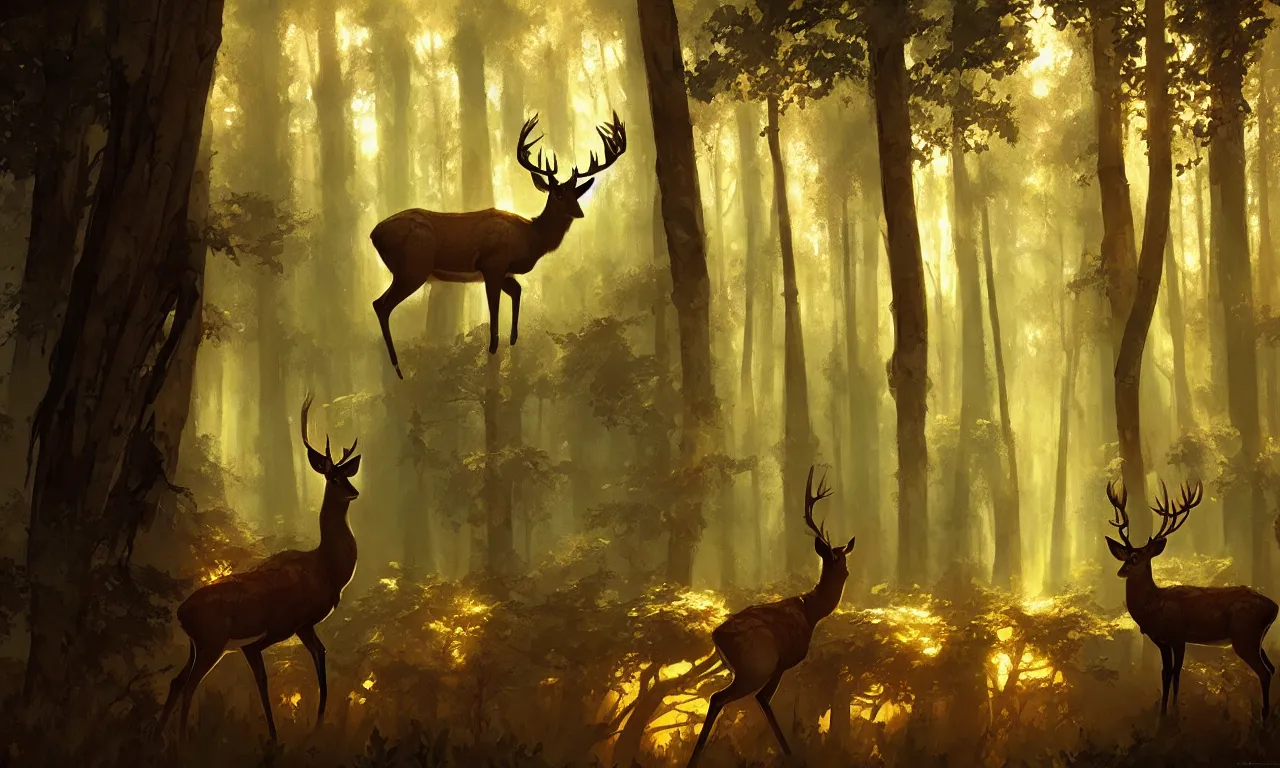 Image similar to Deer in Sherwood Forest, full frame, highly detailed, digital painting, artstation, concept art, smooth, sharp focus, illustration, art greg rutkowski and alphonse mucha