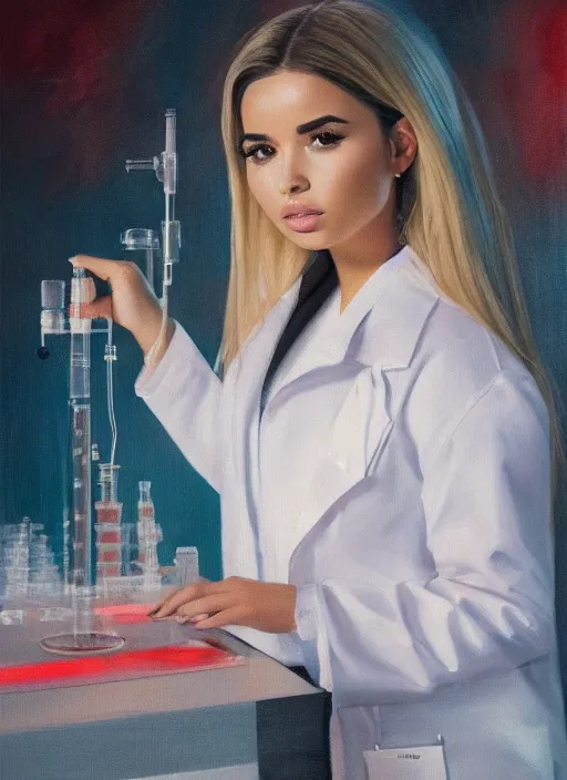 Prompt: demi rose wearing a labcoat in a biology lab, microscope on the table, expressive oil painting, matte art, trending on artstation, sunlit, octane render, brushstrokes, beautiful face portrait, beautiful lighting