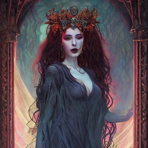 Image similar to epic masterpiece full body portrait a beautiful Persephone with a beautiful face and flawless skin, queen of the underworld, in Hades, flames and smoke in background, hell hound at her side, by Edgar Maxence and Ross Tran and Michael Whelan