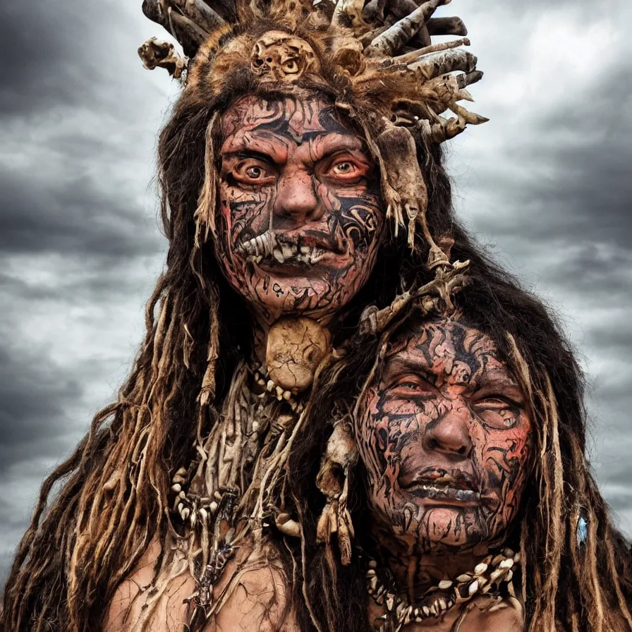 Prompt: extremely detailed award winning national geographic full body portrait photography from ancient mayan elder shaman warrior with terrifying face tattoos and heavy bone piercings . 64megapixel. 4k 8k. Realistic render. Influenced by apocalypto. Landscape background what is slightly blurry and windy.