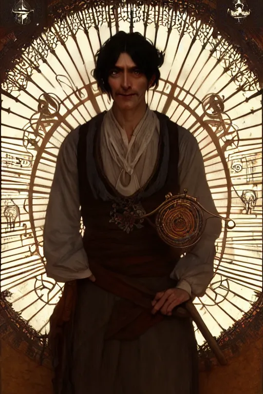 Image similar to ultra realistic, thin man in peasant clothes, black hair, brown eyes, occult jewelry, fantasy, intricate details, eerie, highly detailed, octane render, 8 k, art by artgerm and alphonse mucha and greg rutkowski