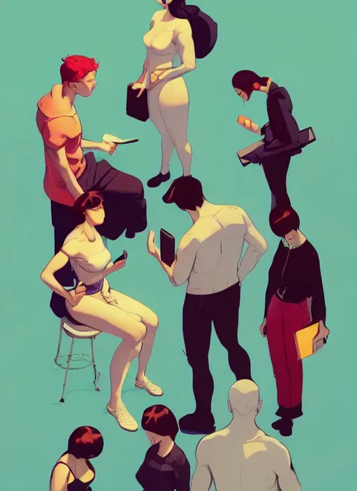 Prompt: a line of people with their heads down, staring at their smartphones, in the style of artgerm, gerald brom, atey ghailan and mike mignola, vibrant colors and hard shadows and strong rim light, plain background, comic cover art, trending on artstation