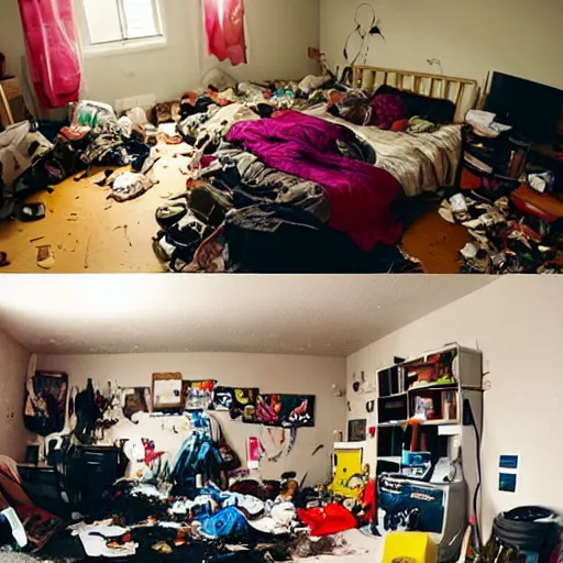 Image similar to very messy bedroom with random objects, clothes, and trash piled high in between the tv and the couch, where three stoner teens, one with messy hair and a beard, one with pale white skin and short side - swept hair, and one with pale white skin, long hair, and a goatee all playing video games