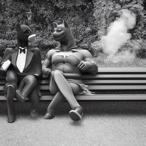 Prompt: batman and alf smoking a cigarette sitting on a green park bench, ultra realistic photo, 8 k resolution, movie escene, 3 5 mm, lens real depth