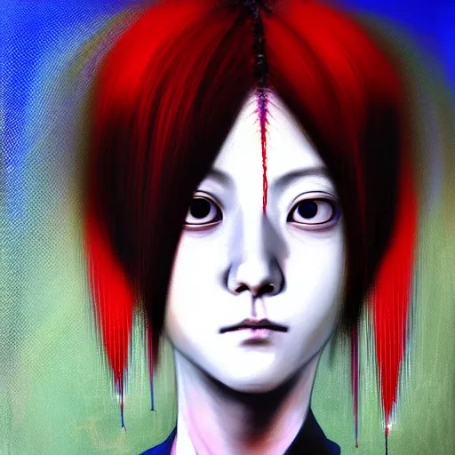 Image similar to yoshitaka amano blurred and dreamy realistic three quarter angle portrait of a sinister young woman with short hair, big earrings, barbed wire and red eyes wearing office suit with tie, junji ito abstract patterns in the background, satoshi kon anime, noisy film grain effect, highly detailed, renaissance oil painting, weird portrait angle, blurred lost edges