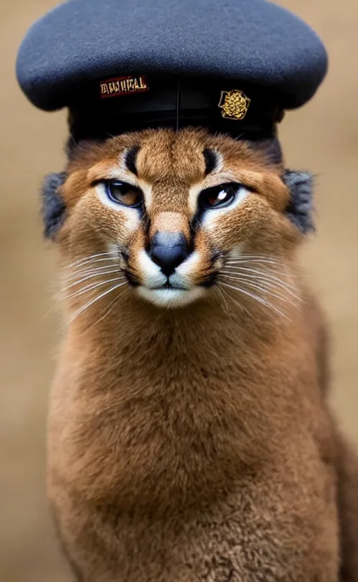 Image similar to portrait photo of cute fluffy caracal, with military hat, highly detailed, high resolution, cosplay photo, stunning, bokeh soft, 1 0 0 mm, trending on instagram, by professional photographer, soldier clothing, shot with a canon, low saturation