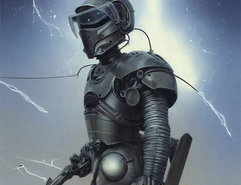 Image similar to a detailed portrait painting of a lone bounty hunter in combat armour and visor. cinematic sci-fi poster. Flight suit and wires, accurate anatomy. Samurai influence, knight influence. fencing armour. portrait symmetrical and science fiction theme with lightning, aurora lighting. clouds and stars. Futurism by moebius beksinski carl spitzweg moebius and tuomas korpi. baroque elements. baroque element. intricate artwork by caravaggio. Oil painting. Trending on artstation. 8k
