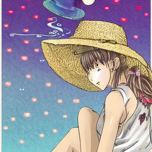 Image similar to manga art girl in straw hat with dragon tatoo with lights traveling around swamp in boat