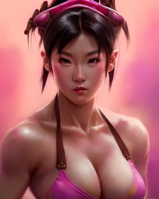 Prompt: play of the game of chun li wearing pink bikini, perfect face, brown hair, abs, cinematic, stunning, cute, adorable, strong, highly detailed, psychedelic, digital painting, artstation, smooth, hard focus, illustration, art by jessica rossier and and brian froud