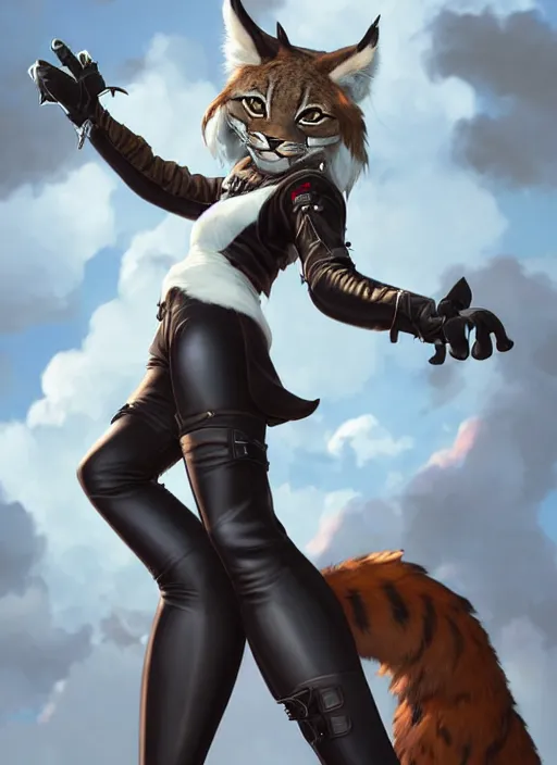 Prompt: wide angle beautiful full body portrait of a strong female anthropomorphic anthro lynx fursona wearing a steampunk leather pants. from behind, paw pads, character design by disney, anime, manga, charlie bowater, ross tran, artgerm, and makoto shinkai, detailed, soft lighting, rendered in octane, white fur, white lynx face