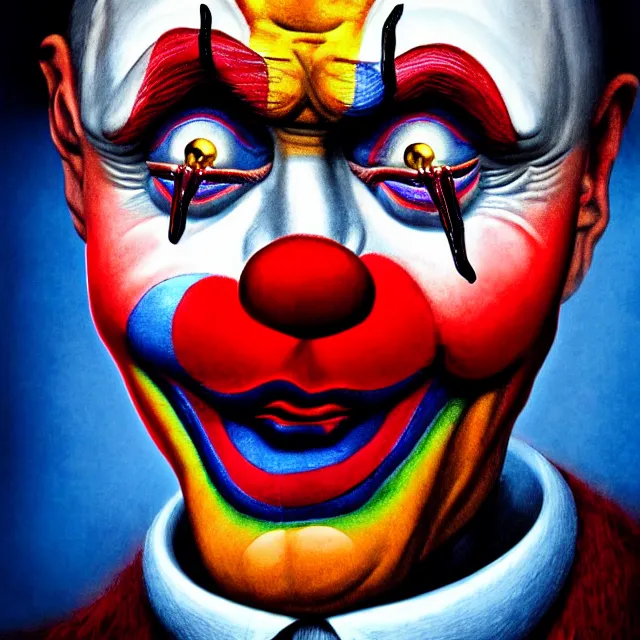 Prompt: putin clown, ugly, coward, inferno, hyper - realistic, sharp focus, depth of field, hyper - detailed visionary art, symmetric, hell, holy halo, dramatic ambient lighting, high detail, vibrant colors,
